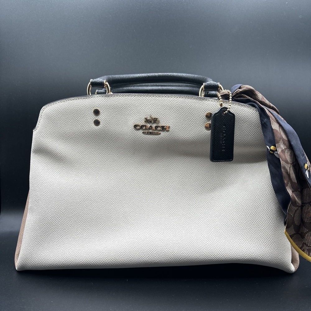 COACH Lillie Carryall Color Block Black Tan Chalk Leather Satchel Handbag 91162